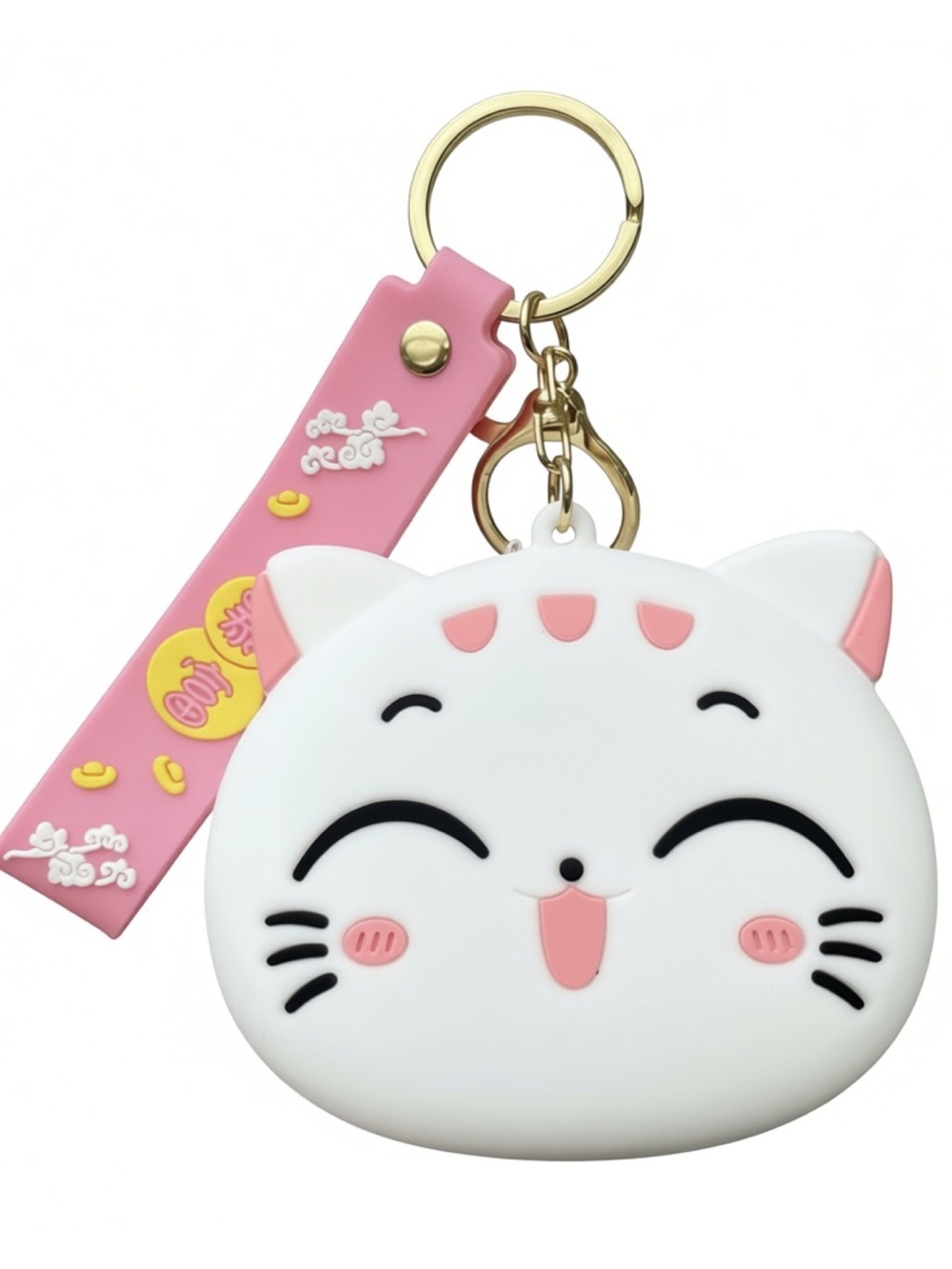 Kawaii White Pink Lucky / Money Cat Zipper Pouch Bag Silicone Keychain Bag Charm